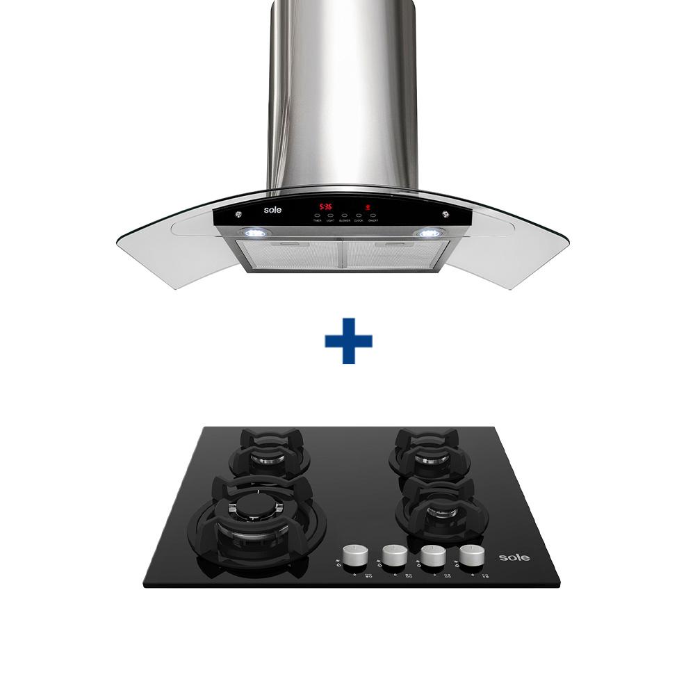 COMBO: COCINA EMP. SOLE 4Q VIDRIO SOLCO034GN + CAMPANA SOLE DECORATIVA VENUS PLUS 90