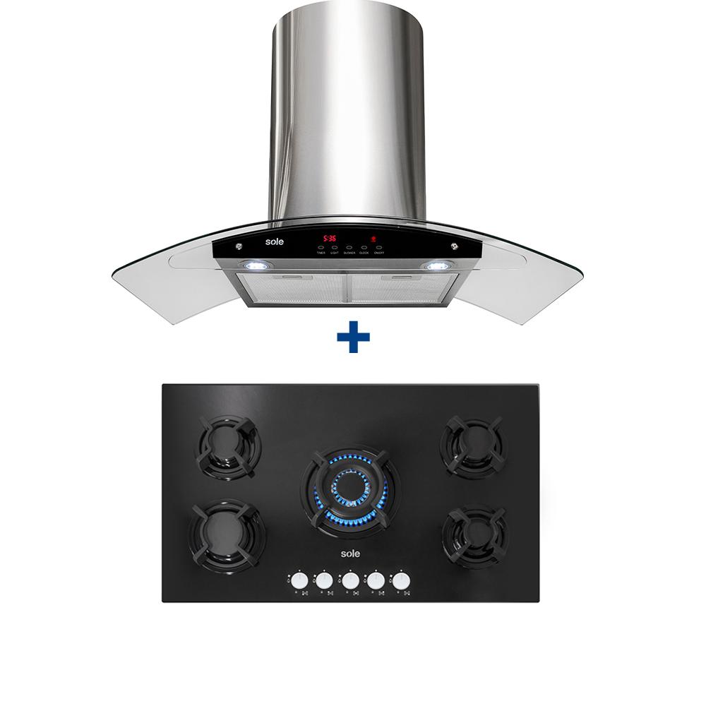 COMBO: COCINA EMP. SOLE 5Q VIDRIO SOLCO033GN + CAMPANA SOLE DECORATIVA VENUS PLUS 90