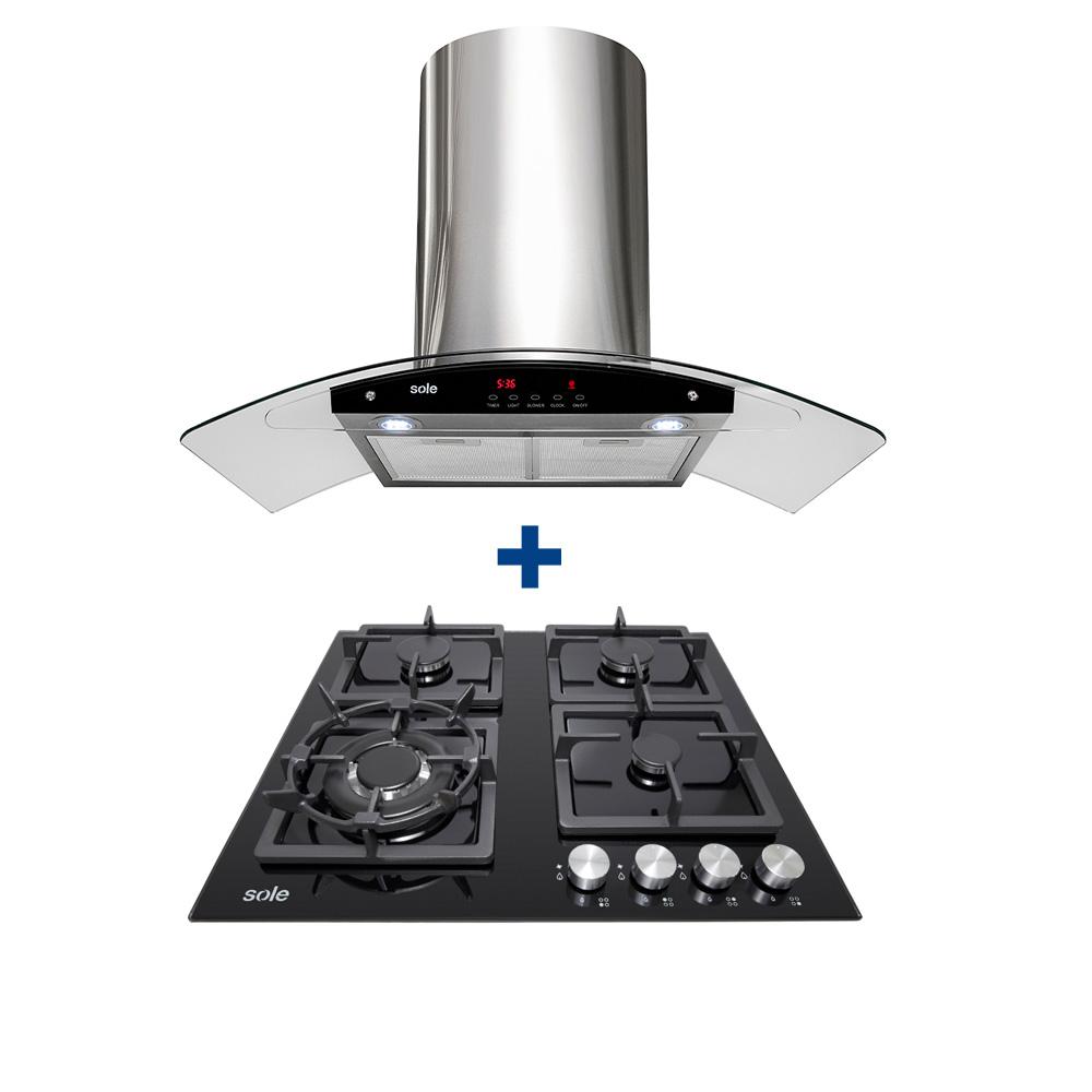 COMBO: COCINA EMP SOLE 4Q TOP VIDRIO SOLCO040GN + CAMPANA VENUS PLUS 90 CM VIDRIO