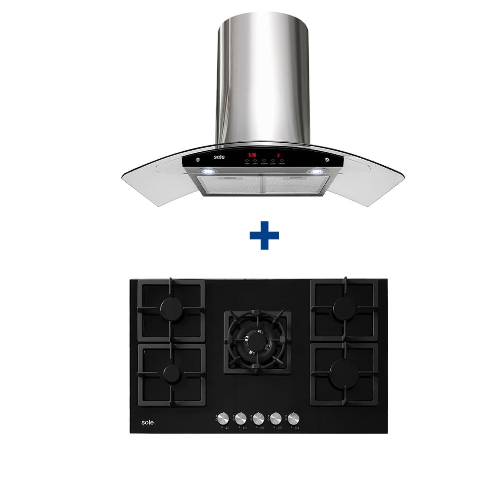 COMBO: COCINA EMP SOLE 5Q TOP VIDRIO SOLCO041GN + CAMPANA VENUS PLUS 90 CM VIDRIO