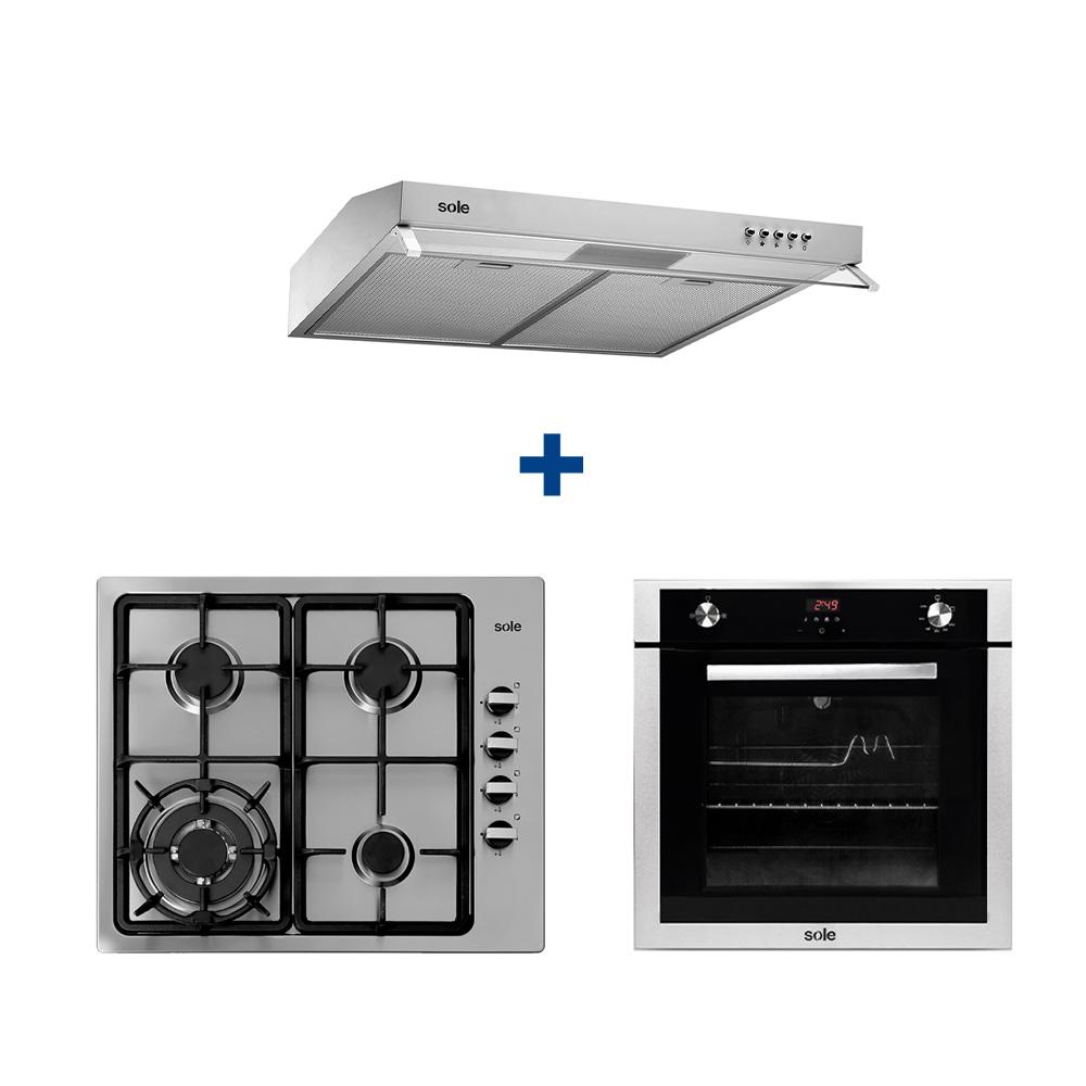 TRICOMBO: ENCIMERA ACERO 4Q 036 + CAMPANA NVA ROMA 60 CM 1 MOTOR + HORNO TOP 007 GN