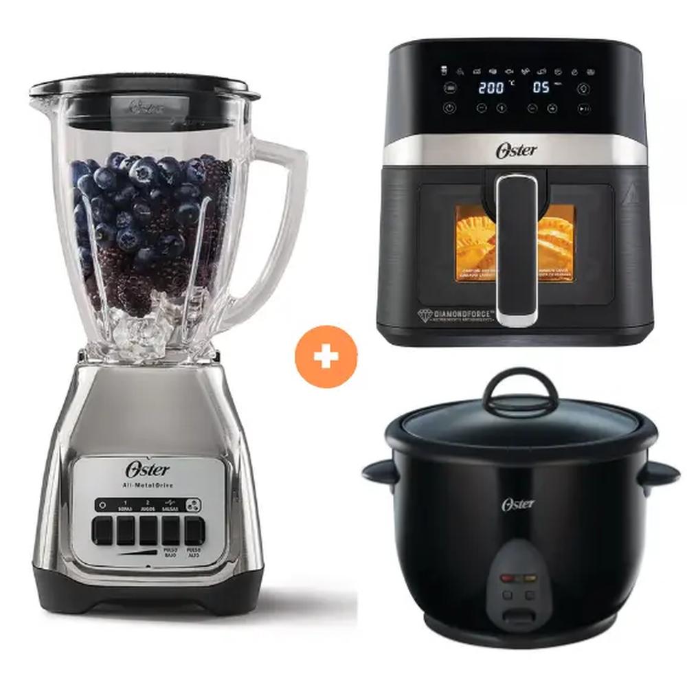 COMBO LICUADORA OSTER KALIMAN 2 VEL. VASO VIDRIO 1.5 LT C.NIQUEL, BLSTKAG-NPB-053 + FREIDORA DE AIRE DIGITAL OSTER 4 LTS CON LUZ Y VENTANA + OLLA ARROCERA OSTER 1.8 LTS. NEGRA CKSTRC1700B053