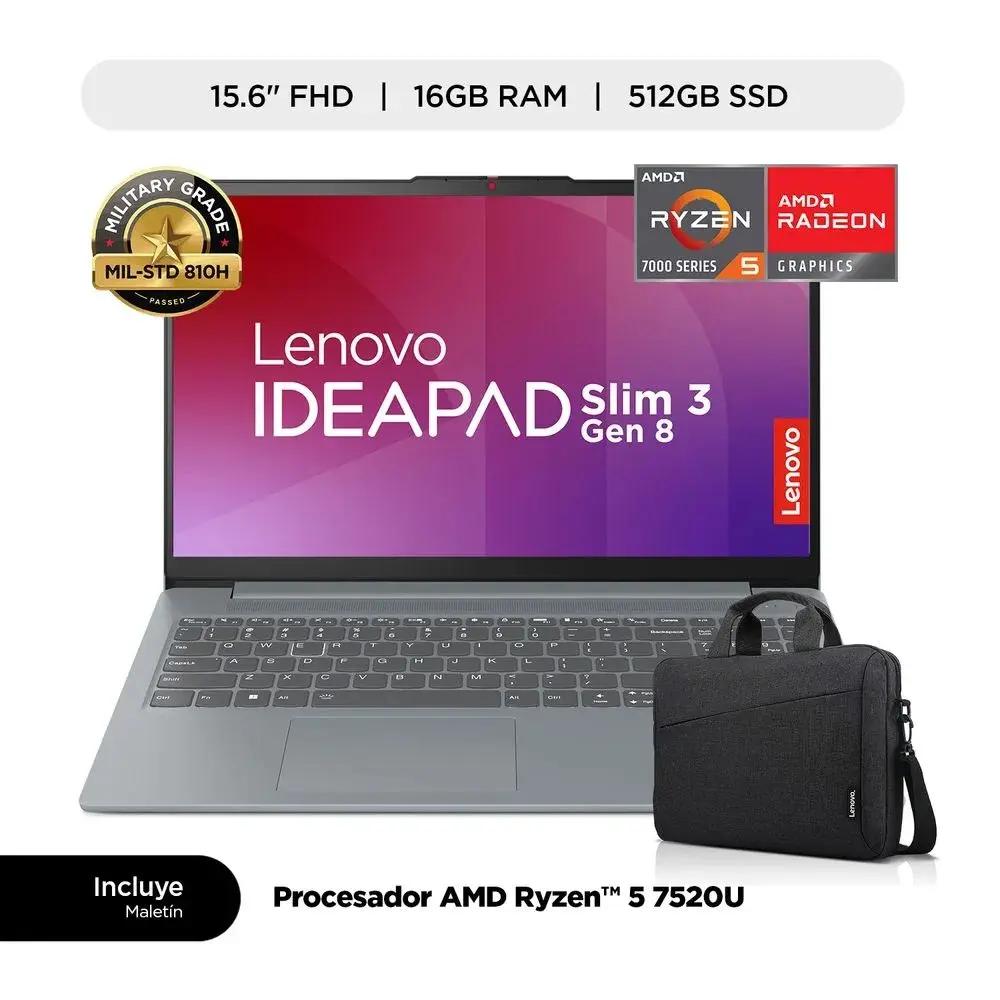 LAPTOP LENOVO IDEAPAD SLIM 3 15AMN8, 15.6"fhd RYZEN 5 7520 (4n/8SUB) 2.8Ghz a 4.3Ghz, 16GB, 512GB SSD, WINDOWS 11, C. Artic Grey