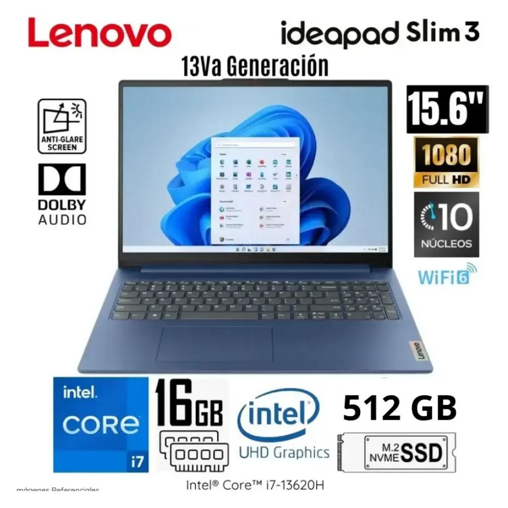 LAPTOP LENOVO SLIM 3 15IRH8,  INTEL CORE I7-1362OH, 16GB, 512GB SSD,15.6" FHD WINDOWS 11, color ABYSS BLUE.