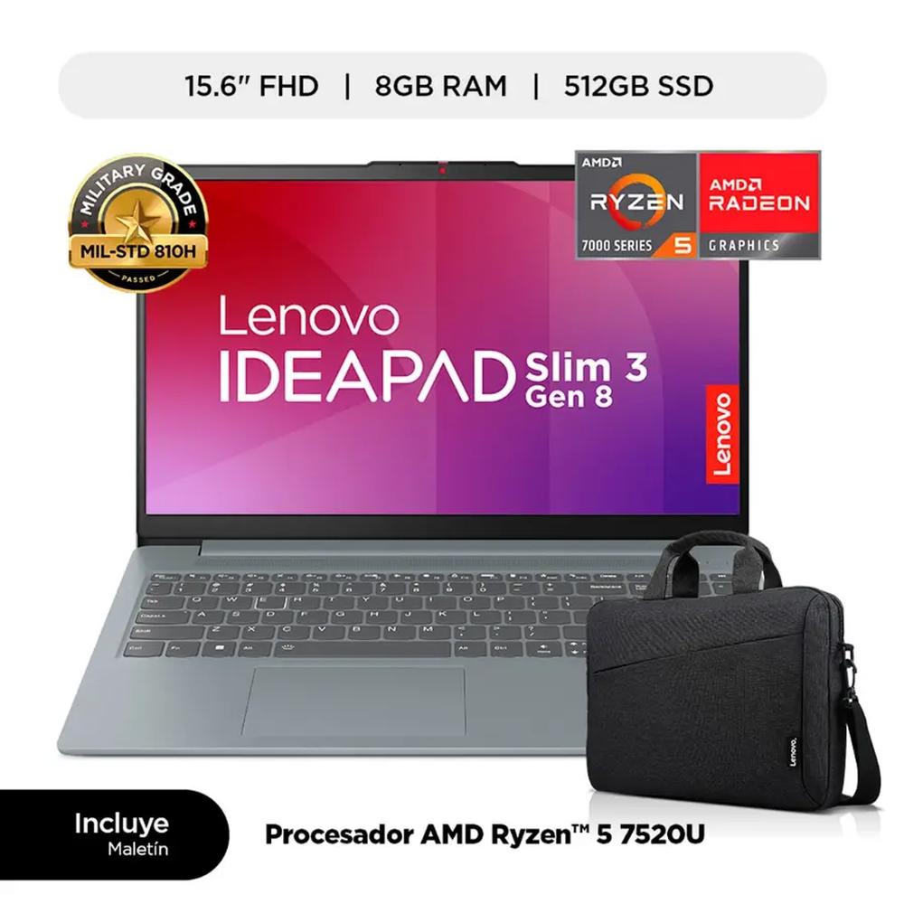 LAPTOP LENOVO IDEAPAD SLIM 3 15AMN8, 15.6"fhd RYZEN 5 7520 (4n/8SUB) 2.8Ghz a 4.3Ghz, 8GB, 512GB SSD, WINDOWS 11, C. Artic Grey