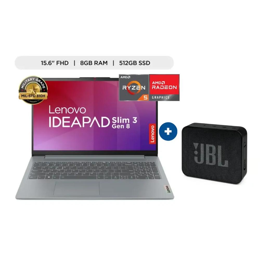 LAPTOP LENOVO IDEAPAD SLIM 3 15AMN8, 15.6"fhd RYZEN 5 7520 (4n/8SUB) 2.8Ghz a 4.3Ghz, 8GB, 512GB SSD, WINDOWS 11, C. Artic Grey  + Parlante JBL GO ESSENTIAL Negro