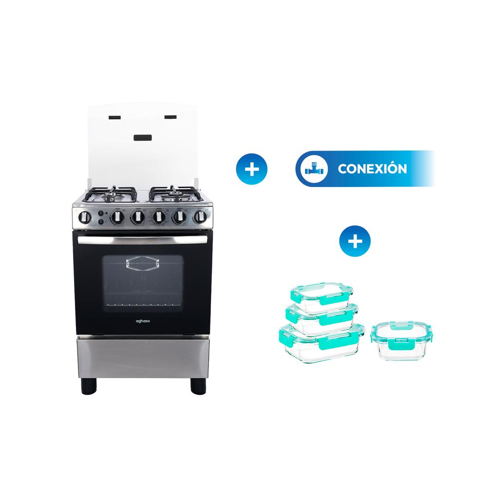 Cocina Aghaso Premium 4 Hornillas + SET TAPERS VIDRIO X4 + CONEXIÓN