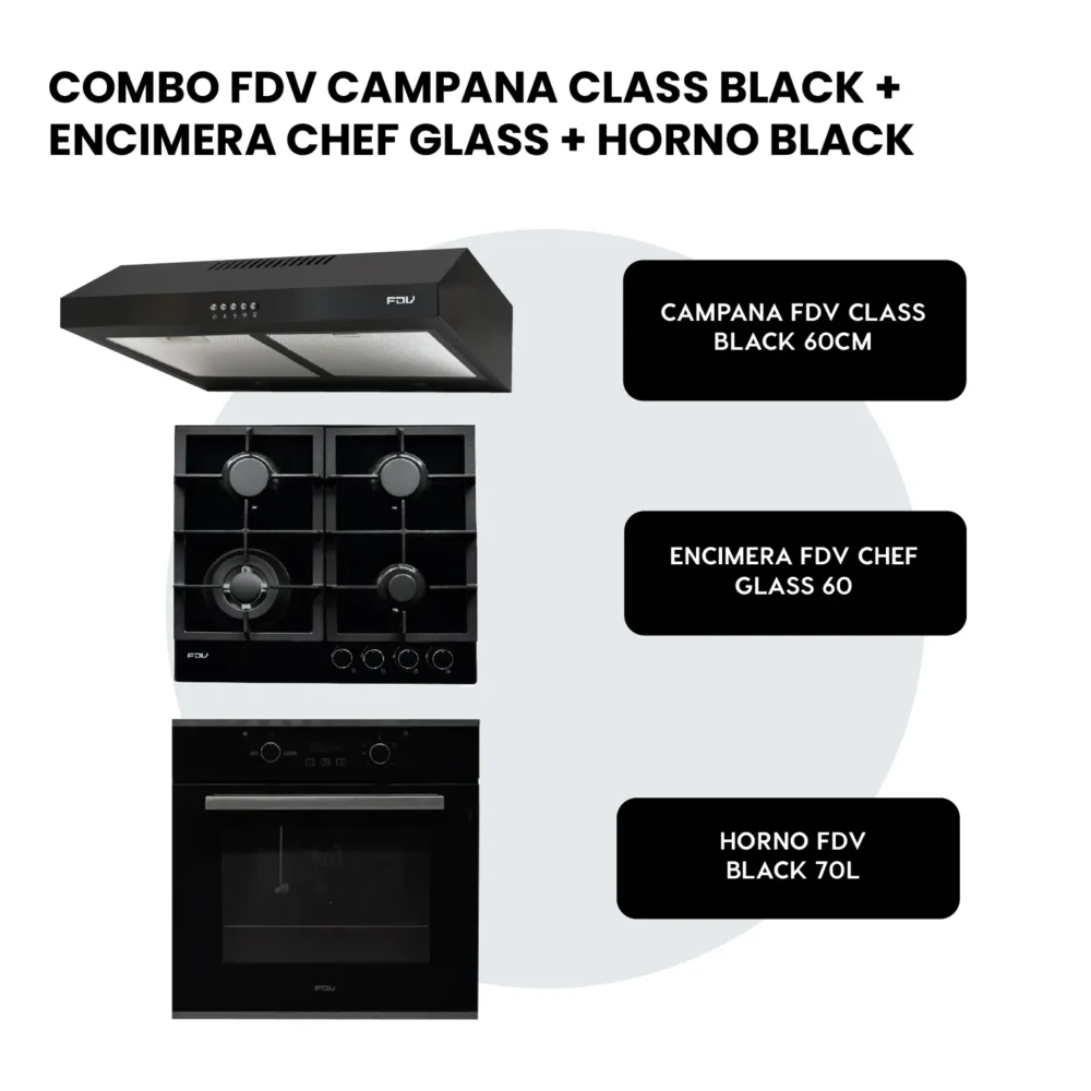 ENCIMERA A GAS NATURAL 60CM CHEF GLASS + HORNO A GAS NATURAL 70L BLACK + CAMPANA EXTRACTORA 60CM CLASS BLACK+ CONEXION
