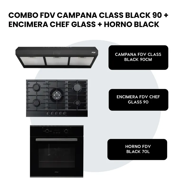 ENCIMERA A GAS NATURAL 90CM CHEF GLASS + HORNO A GAS NATURAL 70L BLACK + CAMPANA EXTRACTORA 90CM CLASS BLACK+ CONEXION