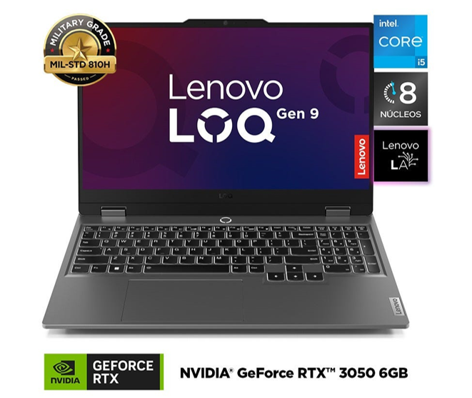 LAPTOP GAMER LENOVO LOQ, INTEL CORE i5 ‑12450HX (8n/12sub caché) , 12 GB ddr5‑4800, 512GB ssd, 15.6" FHD IPS 144hz, NVIDIA GEFORCE RTX  3050‑6GB, teclado retroiluminado, 15IAX9, Windows 11, color:Luna Grey, Wifi6, 1hdmi, 1 Rj45, 3 usb, 1 usbC. +