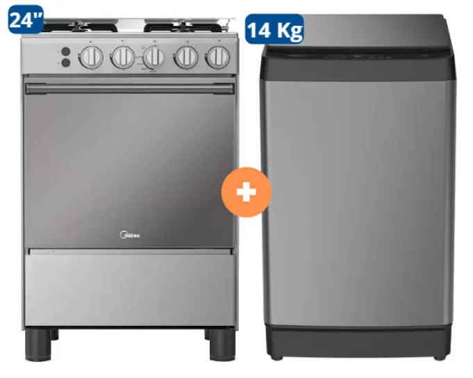 COCINA MIDEA 24" MGS24 4 HORNILLAS HIERRO +  LAVADORA HISENSE CARGA SUPERIOR 14KG WT3K1423UT Gris medio + CONEXIÓN  +  LAVADORA HISENSE CARGA SUPERIOR 14KG WT3K1423UT GRIS MEDIO