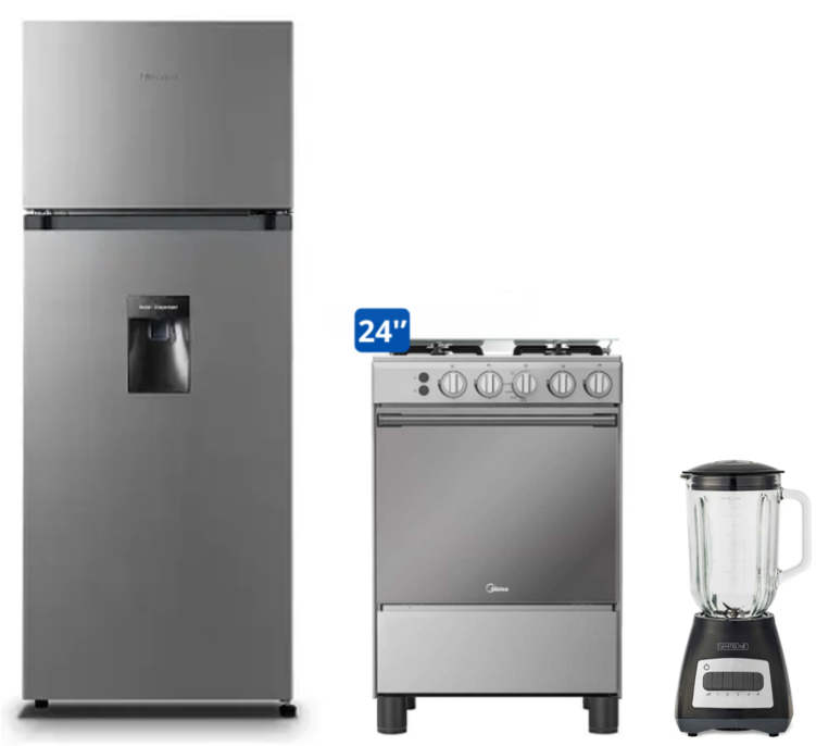 COCINA MIDEA 24" MGS24 4 HORNILLAS HIERRO + LICUADORA WHITELINE 1.5 LTS 400W VASO VIDRIO + REFRIGERADORA HISENSE 205 LTS C/DISPENSER TOP MOUNT RD 267 H GRIS  + REFRIGERADORA INDURAMA RI-389DI  246 LTS INVERTER C/DISPENSADOR CROMA