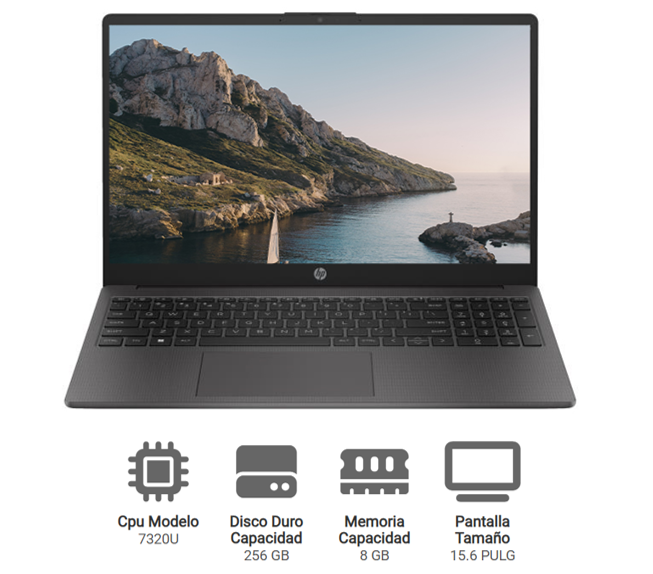 LAPTOP HP NOTEBOOK 250G10 15.6" HD, AMD RYZEN 3 7320U(4N/8SUB), 8GB -LPDDR5, 256GB SSD, WINDOWS 11, COLOR: GRIS, WIFI6.