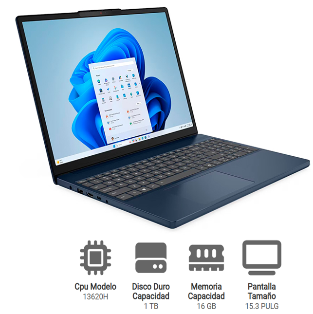 LAPTOP LENOVO IDEAPAD SLIM 3 INTEL CORE i7-13620H (10N/16), 15.3" WUXGA (1920x1200), 16GB(8G-ON/8G-SODIMM), 1 TB SSD, 15IRH10, WINDOWS 11, color: Cosmic Blue, WIFI 6, 1 HDMI, 2 USB, 1 USB C, 1 SD CARD. +