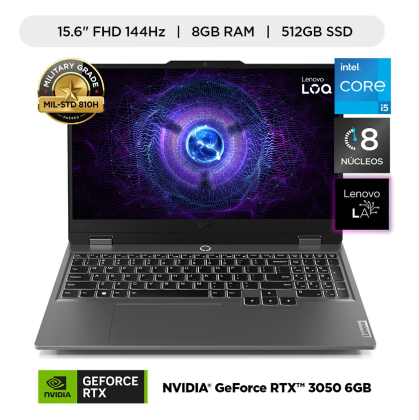 LAPTOP GAMER LENOVO LOQ, INTEL CORE i5 ‑12450HX (8n/12sub caché) , 8 GB ddr5‑4800, 512GB ssd, 15.6" FHD IPS 144hz, NVIDIA GEFORCE RTX  3050‑6GB, teclado retroiluminado, 15IAX9, Windows 11, color:Luna Grey, Wifi6, 1hdmi, 1 Rj45, 3 usb, 1 usbC. +