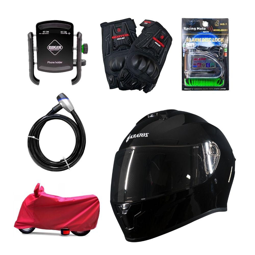 PACK MOTERO 2 (CADENA, CANDADO, COBERTOS, PORTA CELULAR, GUANTES, CASCO KRATOS INTEGRAL CERTIFICADO NEGRO)