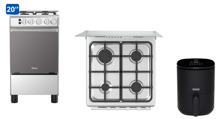 COCINA MIDEA 20" MGS20 4 HORNILLAS HIERRO + FREIDORA DIGITAL THOMAS 3 LTS