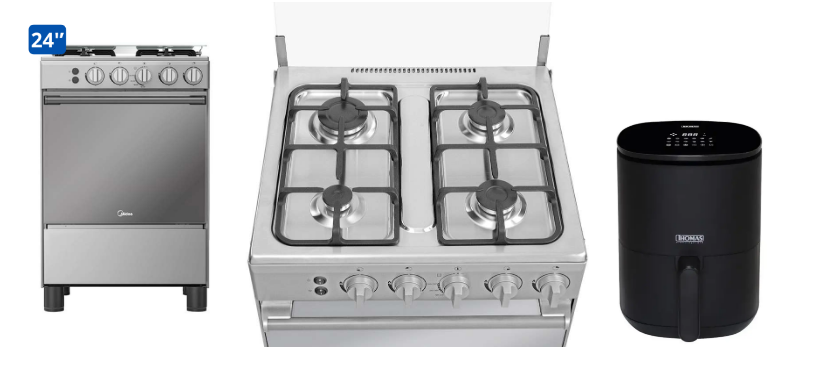 COCINA MIDEA 24" MGS24 4 HORNILLAS HIERRO + FREIDORA DIGITAL THOMAS 3 LTS
