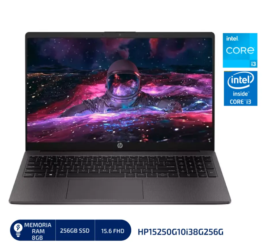 LAPTOP HP NOTEBOOK 250G10 INTEL CORE i3 N305 1.80/3.80 GHZ , 8GB) DDR4 (EXP32GB-2SODIMM), 256GBSSD, 15.6" HD,WINDOWS 11, COLOR: PLOMOOSCURO con Mochila Lenovo