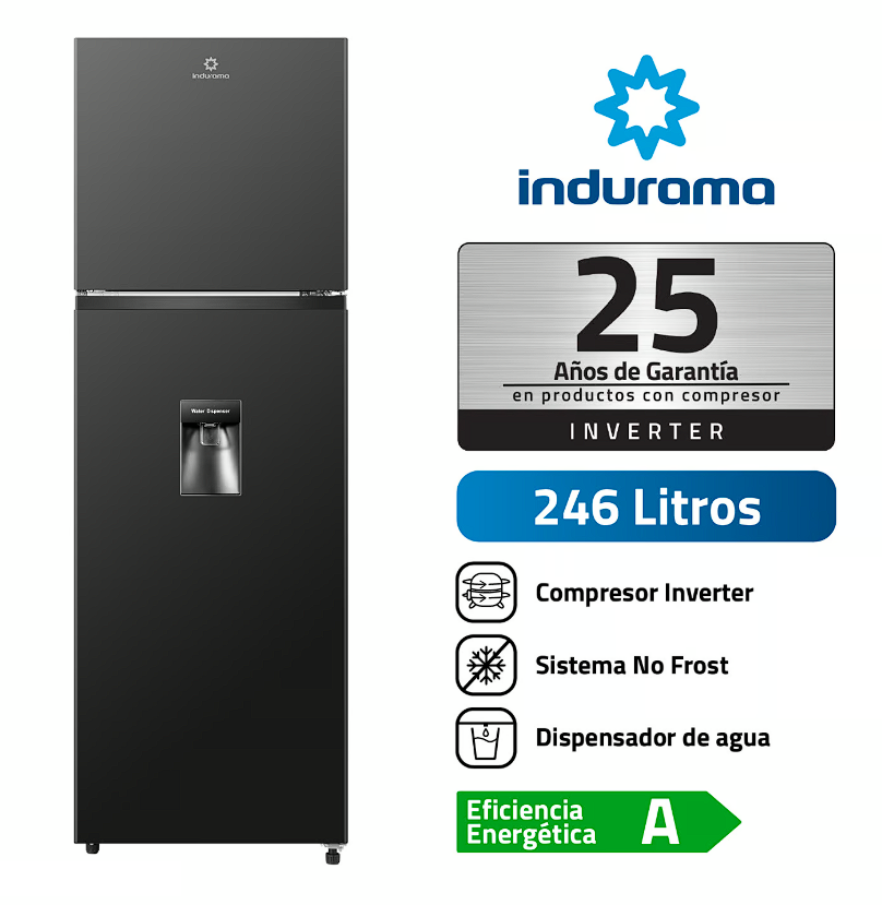 Refrigeradora Indurama 246Lts. Ri-389DNI motor Inverter c/dispenser Negro
