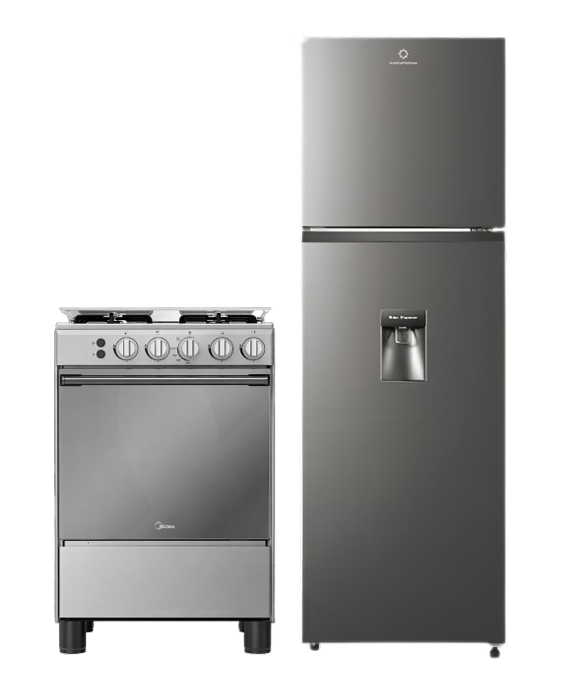 COCINA MIDEA 24" MGS24 4 HORNILLAS HIERRO +REFRIGERADORA INDURAMA RI-389DI  246 LTS INVERTER C/DISPENSADOR CROMA