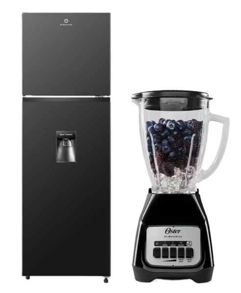 REFRIGERADORA INDURAMA 246Lts.c/dispenser Negro motor Inverter Ri-389DNI motor Inverter  +LICUADORA OSTER KALIMAN  2 VEL. VASO VIDRIO 1.5 LT  C.NIQUEL,  BLSTKAG-NPB-053