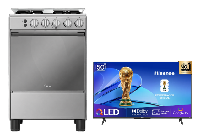 COCINA MIDEA 24" MGS24 4 HORNILLAS HIERRO +TELEVISOR HISENSE 50" QLED VIDAA