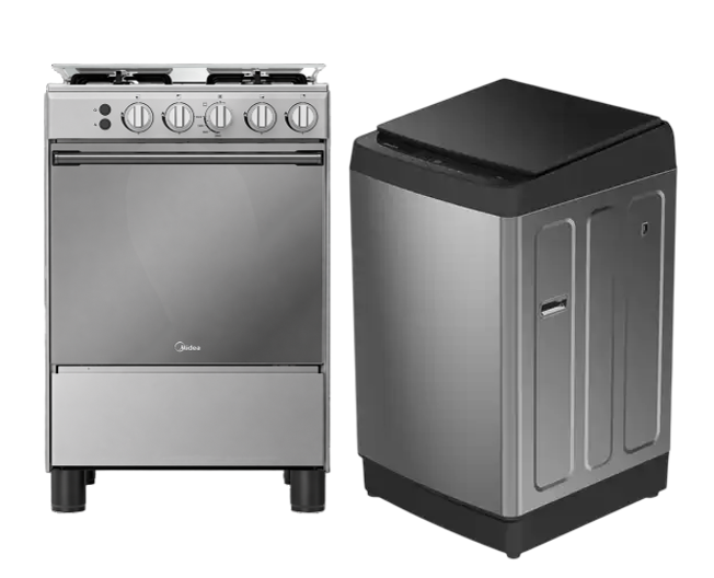 COCINA MIDEA 24" MGS24 4 HORNILLAS HIERRO +  LAVADORA HISENSE CARGA SUPERIOR 14KG WT3K1423UT