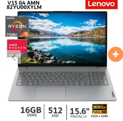 LAPTOP LENOVO Ryzen 5 7520u V15 G4 AMN, 15.6" FHD,  16gb,  512gb, Windows 11, Gris