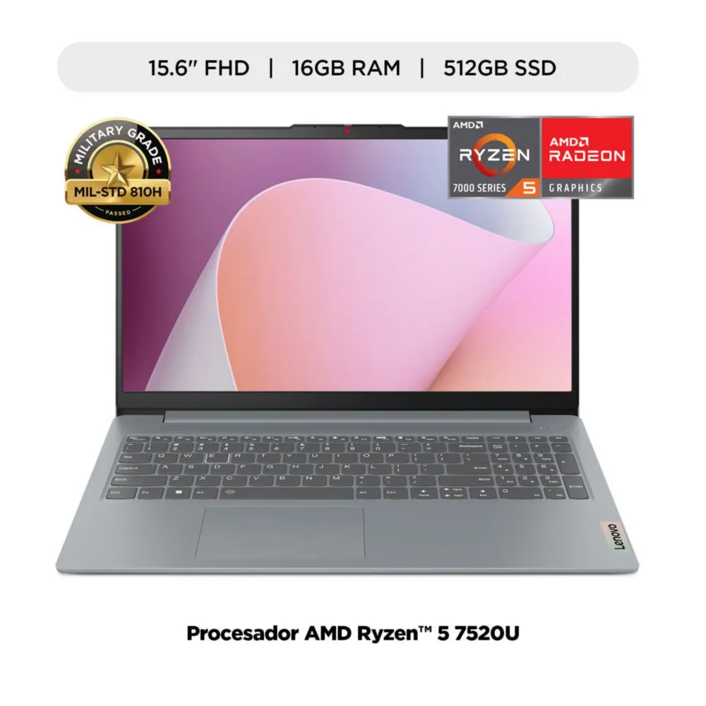 LAPTOP LENOVO IDEAPAD SLIM 3  RYZEN5 7520U, 16GB, 512GB SSD, 15.6" FHD, WINDOWS 11, COLOR: ARCTIC GREY + Mochila Lenovo
