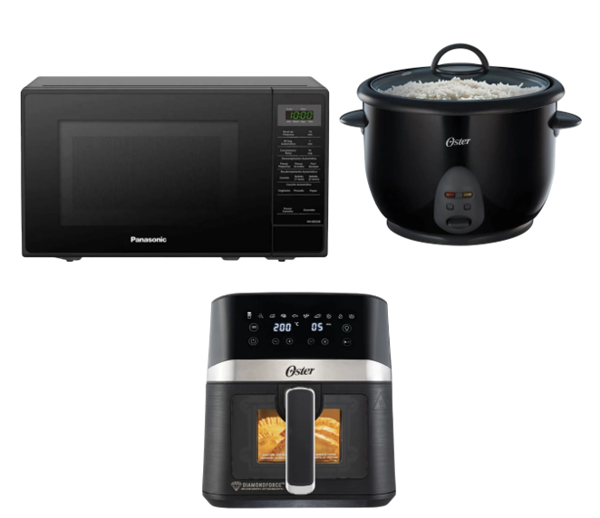 HORNO MICROONDAS PANASONIC SB25JB 20 Litros negro + FREIDORA DE AIRE DIGITAL OSTER 4 LTS CON LUZ Y VENTANA + OLLA ARROCERA OSTER 1.8 LTS. NEGRA + FREIDORA DE AIRE DIGITAL OSTER 4 LTS CON LUZ Y VENTANA + OLLA ARROCERA OSTER 1.8 LTS. NEGRA