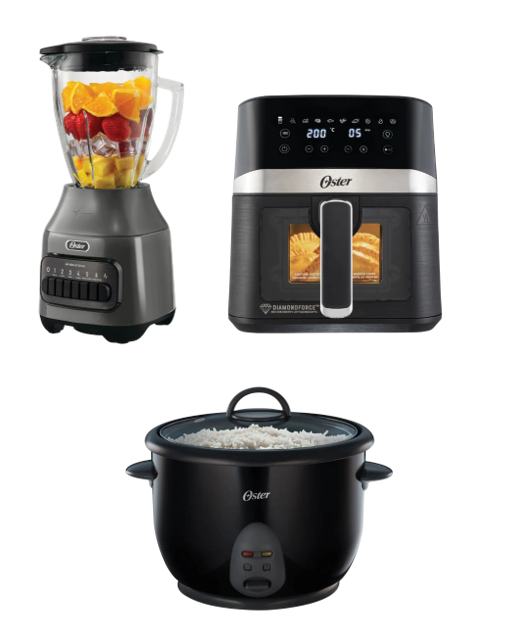 LICUADORA OSTER 6 VELOCIDADES + PULSO VASO DE VIDRIO DE 1.5 LTS. COLOR NEGRO/ACERO + FREIDORA  DE AIRE DIGITAL OSTER 4 LTS CON LUZ Y VENTANA + OLLA ARROCERA OSTER 1.8 LTS. NEGRA CKSTRC1700B053