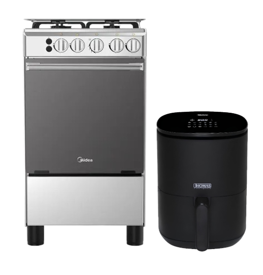 COCINA MIDEA 20" MGS20 4 HORNILLAS HIERRO + FREIDORA DIGITAL THOMAS 3 LTS