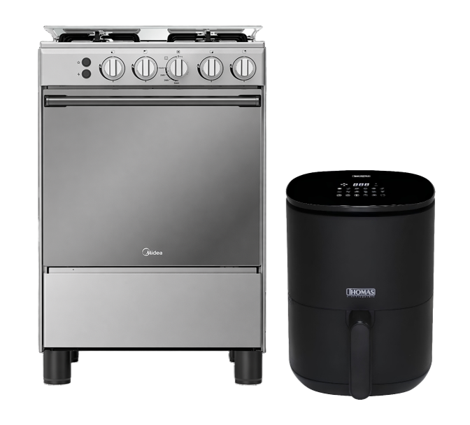 COCINA MIDEA 24" MGS24 4 HORNILLAS HIERRO + FREIDORA DIGITAL THOMAS 3 LTS