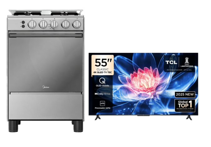COCINA MIDEA 24" MGS24 4 HORNILLAS HIERRO + TELEVISOR TCL QLED 55" UHD 4K Smart TV GOOGLE TV 55T6C  + TELEVISOR TCL QLED 55" UHD 4K SMART TV GOOGLE TV 55T6C