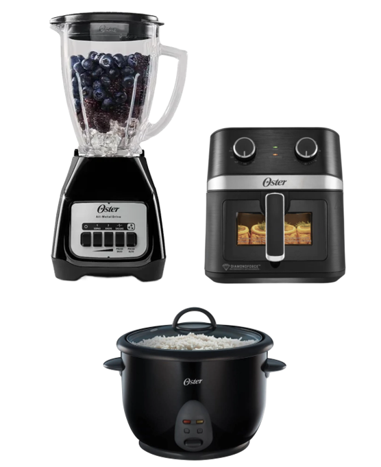 LICUADORA OSTER KALIMAN  2 VEL. VASO VIDRIO 1.5 LT  C.NEGRO + FREIDORA  DE AIRE OSTER 6 LTS CON LUZ Y VENTANA + OLLA ARROCERA OSTER 1.8 LTS  + FREIDORA  DE AIRE OSTER 6 LTS CON LUZ Y VENTANA + OLLA ARROCERA OSTER 1.8 LTS