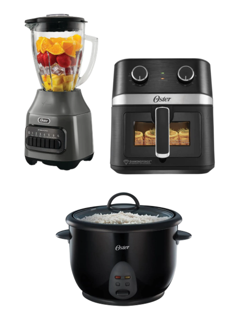 LICUADORA OSTER 6 VELOCIDADES + PULSO VASO DE VIDRIO DE 1.5 LTS. COLOR NEGRO/ACERO + FREIDORA  DE AIRE OSTER 6 LTS CON LUZ Y VENTANA + OLLA ARROCERA OSTER 1.8 LTS