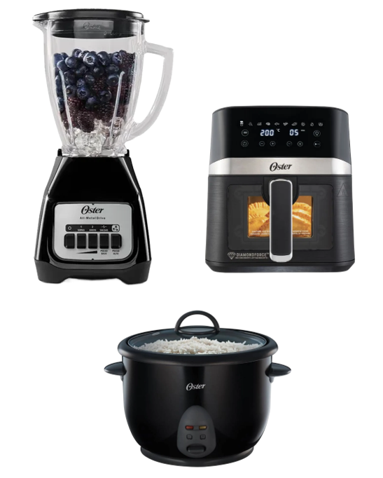 LICUADORA OSTER KALIMAN 2 VEL. VASO VIDRIO 1.5 LT, BLSTKAG-NPB-053 + FREIDORA DE AIRE DIGITAL OSTER 4 LTS CON LUZ Y VENTANA + OLLA ARROCERA OSTER 1.8 LTS. NEGRA CKSTRC1700B053