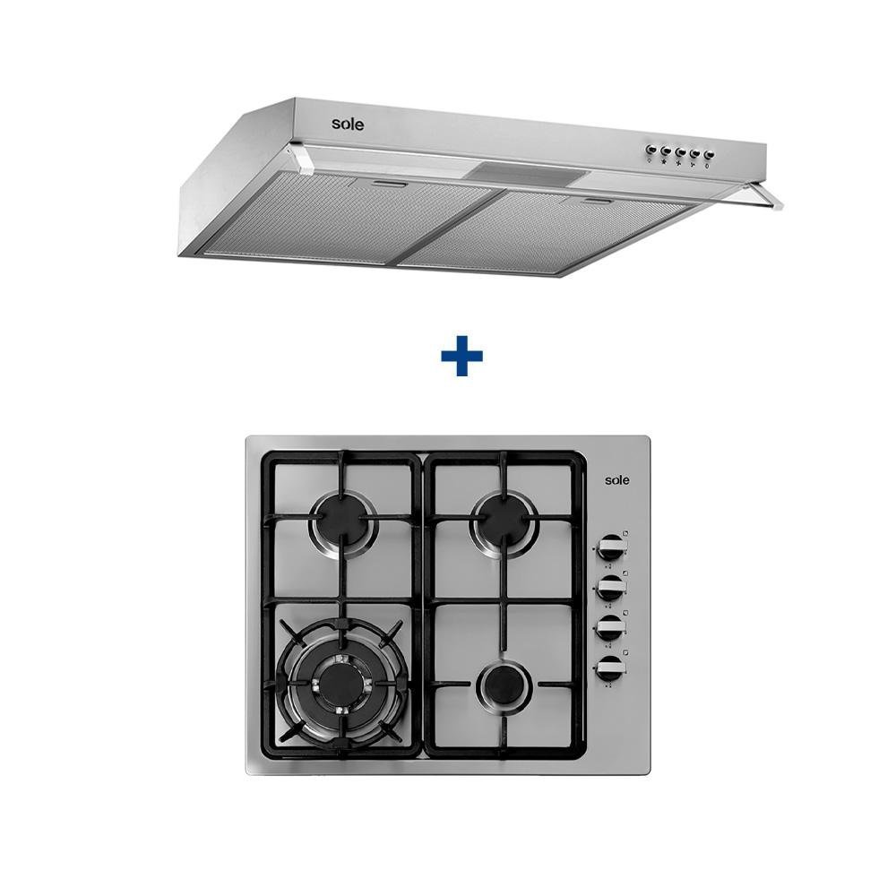 COCINA EMPOTRABLE SOLE 4Q ACERO INOX SOLCO036GN  + CAMPANA SOLE ROMA 60CM 1M INOXV2 + HORNO EMPOTRABLE GAS NAT.PREMIUM+  CONEXIÓN+ HERVIDOR