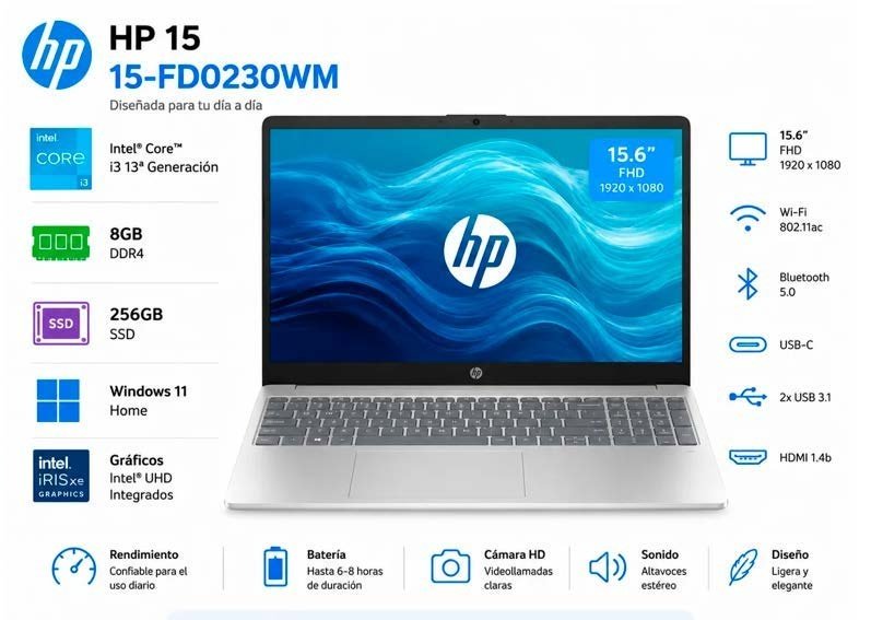 LAPTOP HP 15.6" TACTIL 15-FD0230WM CORE i3-N305 WIN11 8GB 256GB SSD