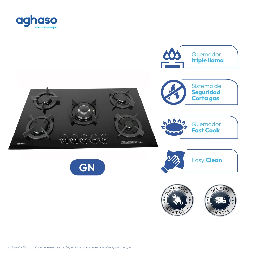 ENCIMERA AGHASO MESA VIDRIO 90 CM + CAMPANA EXTRACTORA AGHASO NEGRA 90CM + CONEXIÓN